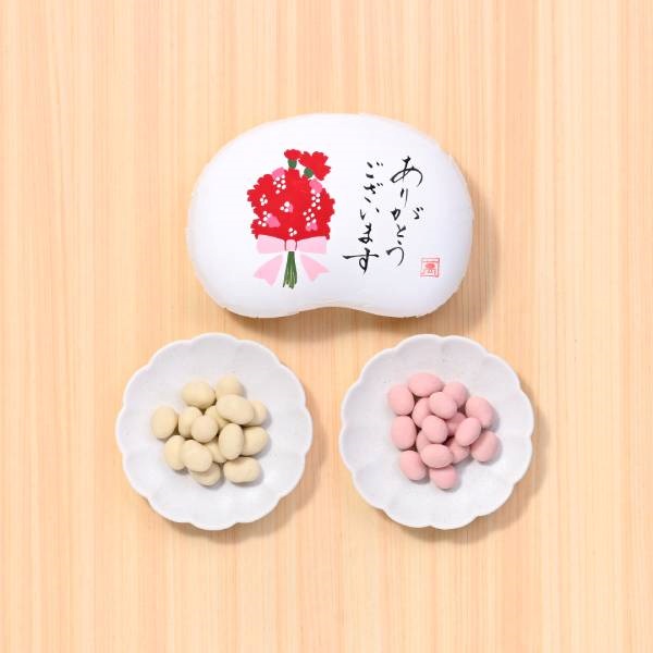 「まめや金澤萬久」かりっとちょこ豆・ホワイト＆いちご（豆箱入り）　絵柄：ありがとうございますカーネーション【おまとめ便対象】